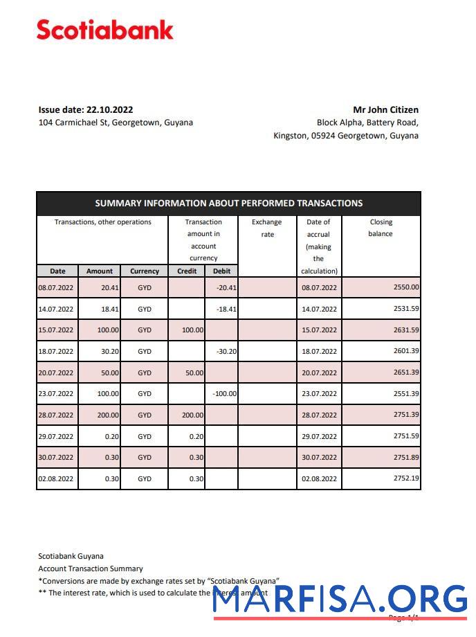 Downloadable Guyana Bank of Nova Scotia bank statement excel template